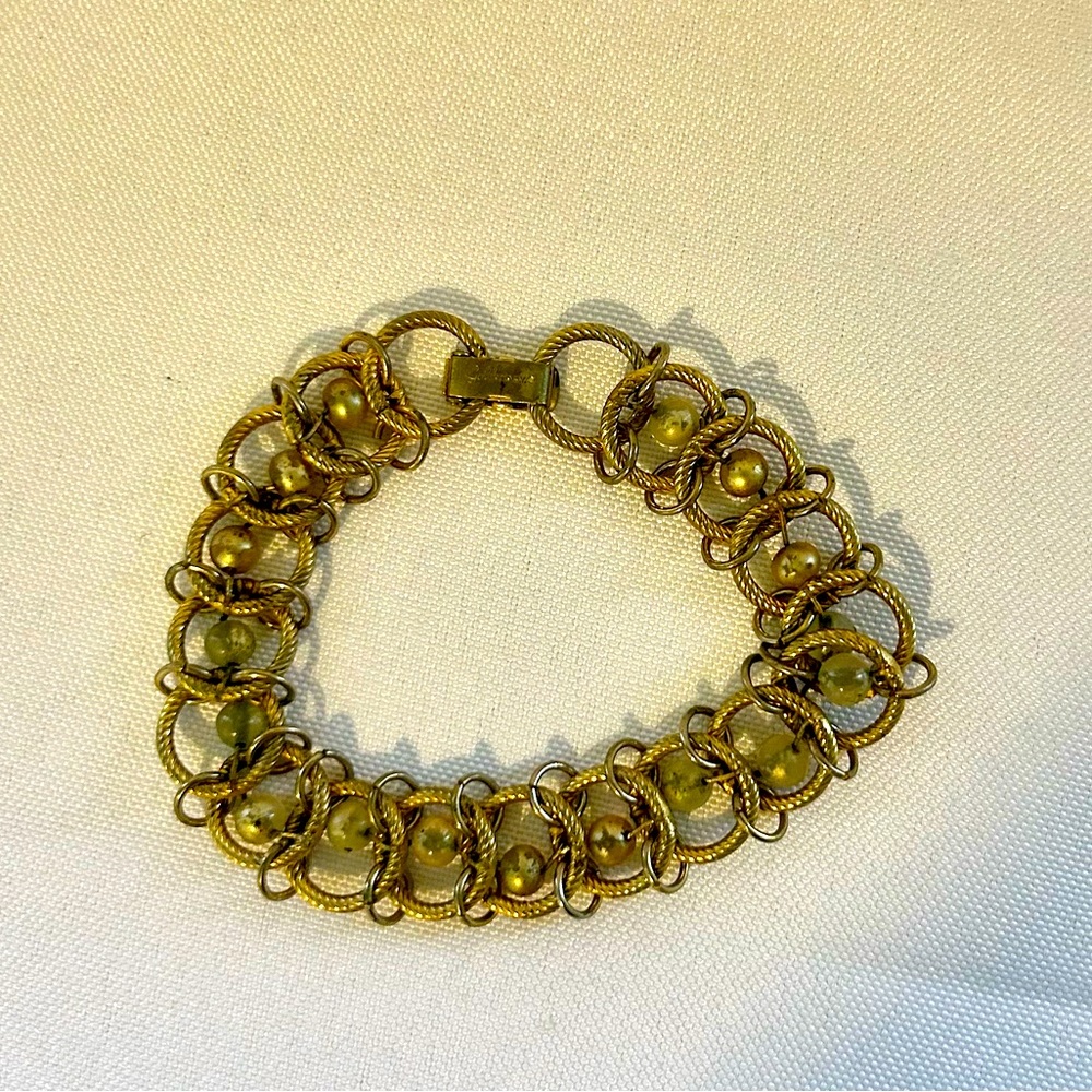Vintage Chain and Glass Pearl Woven Bracelet, Signed Goldette NY